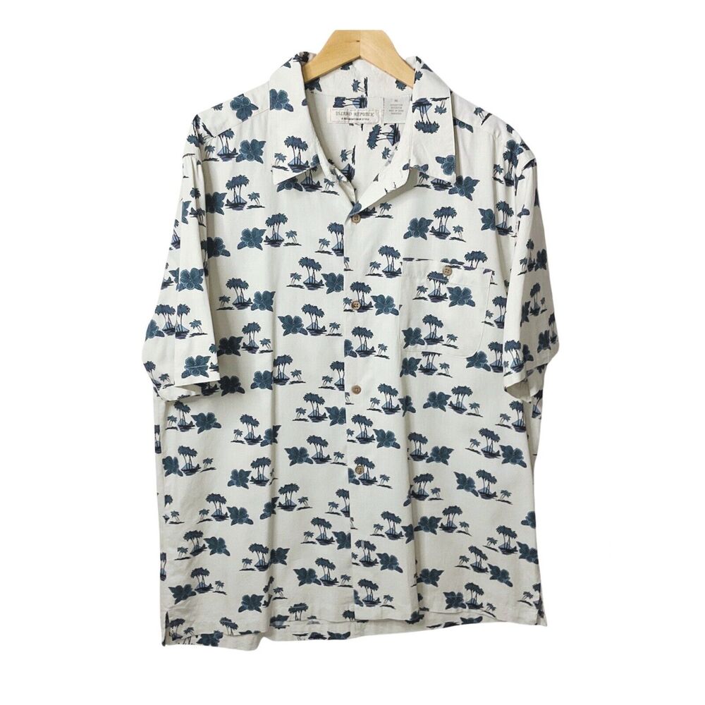 Hawaiian Mens XL Camp Hipster Trendy White Shirt Floral Short Sleeve Button Up